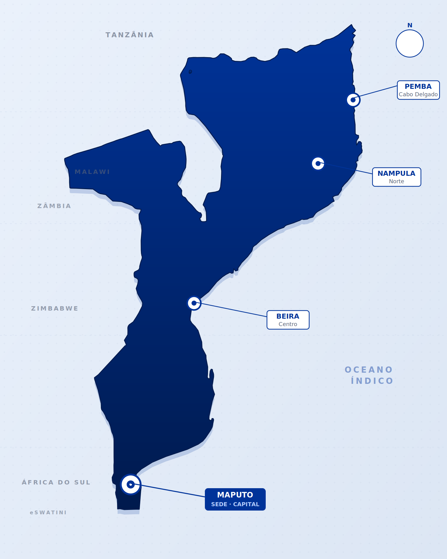 Mapa de Moçambique mostrando a presença CTS Group em Maputo, Beira, Nampula e Pemba